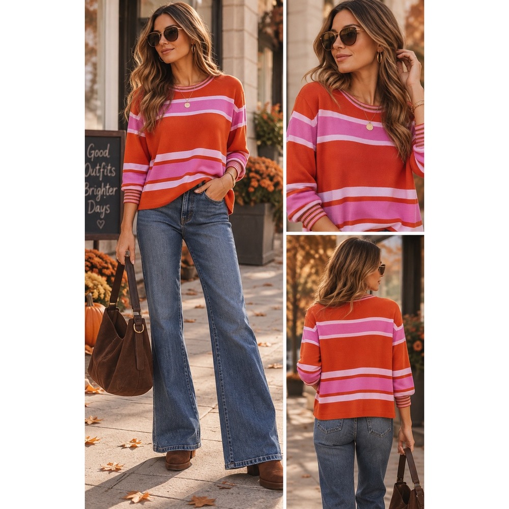 Cabi Cadet Womwns Sweater S Orange Pink Striped Cotton Pullover Retro Preppy
